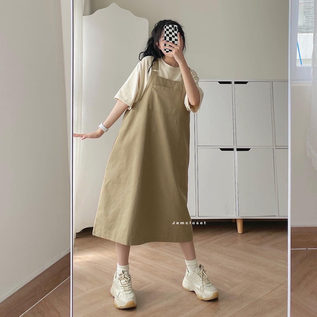 Váy Yếm Dài JEM CLOSET From Rộng Dáng Suông Yếm Váy Kaki Hàn Quốc BEGAI Có 2 Màu Nâu Be Nâng Tone Da 7192