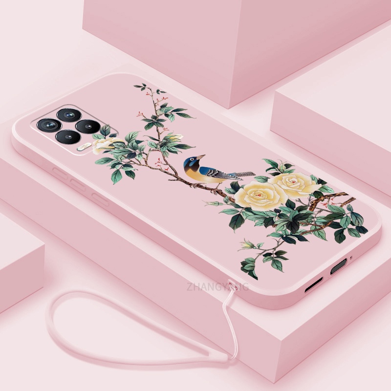 Ốp Điện Thoại TPU Mềm Họa Tiết Hoa Và Chim Có Dây Đeo Cho Realme 8 8 pro