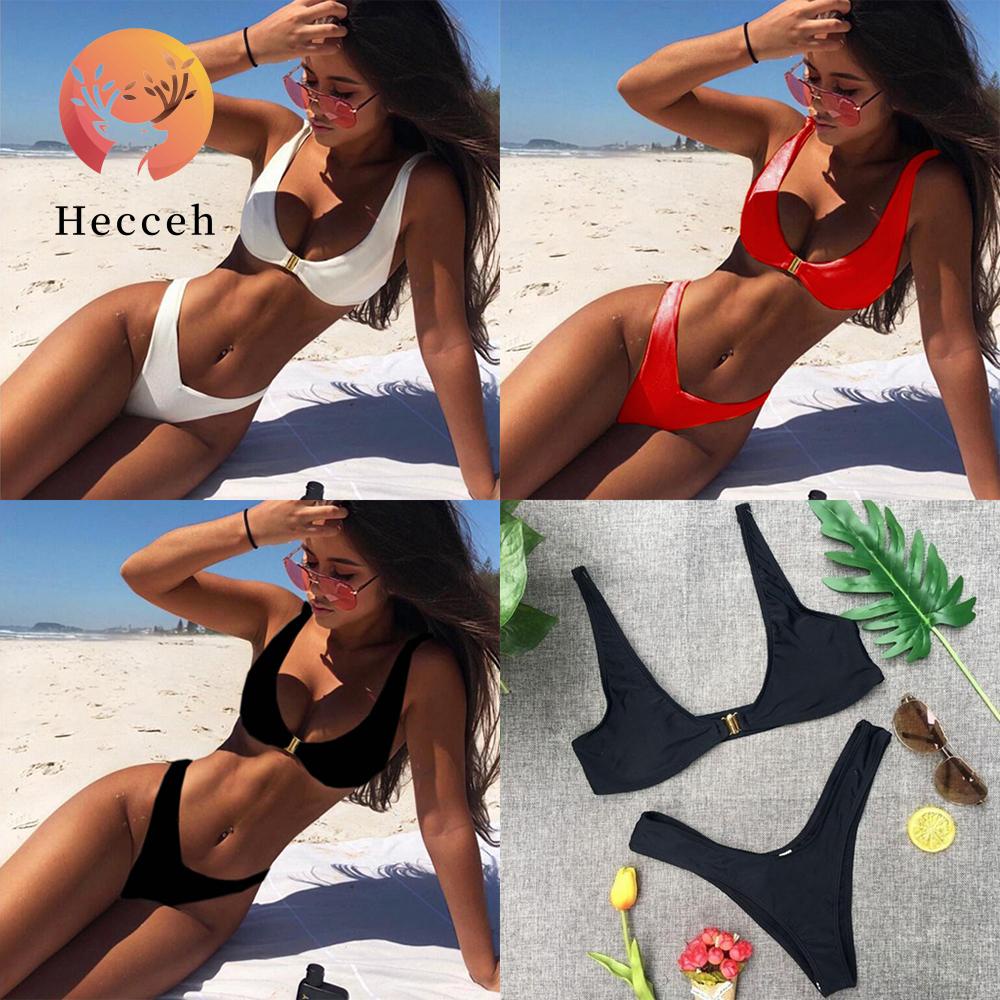HECCEH Solid Color Women Bikini Set Beach Wear Swimwear Bathing Suit Summer V Thong Brazilian Push Up Low Waist Swimsuit Set/Multicolor
