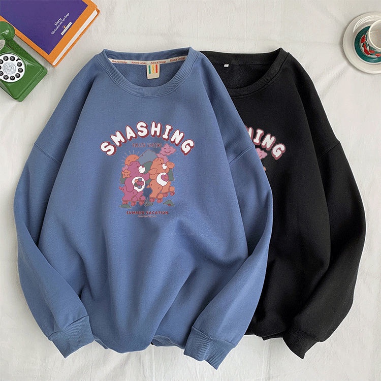 Áo hoodie cổ tròn vải lông cừu dày phong cách đường phố hip hop mới mùa thu đông 2021 cho nữ