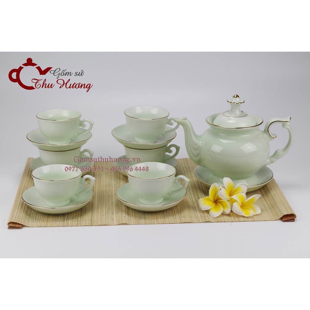 Bộ ấm chén Bát Tràng_Bộ bình trà Phú Quý men xanh ngọc vàng kim