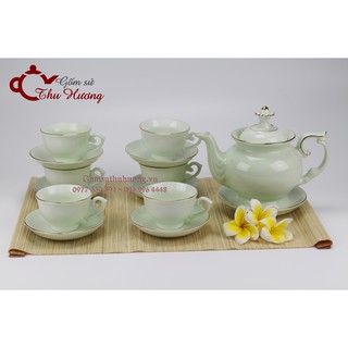 Bộ ấm chén Bát Tràng_Bộ bình trà Phú Quý men xanh ngọc vàng kim