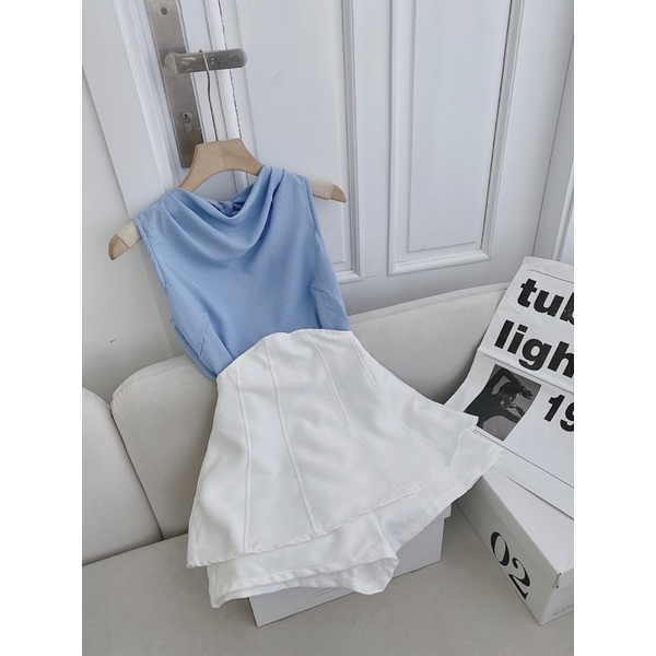 SET ÁO XANH CỔ ĐỔ THẮT NƠ LƯNG + QUẦN SHORT VÁY TẦNG