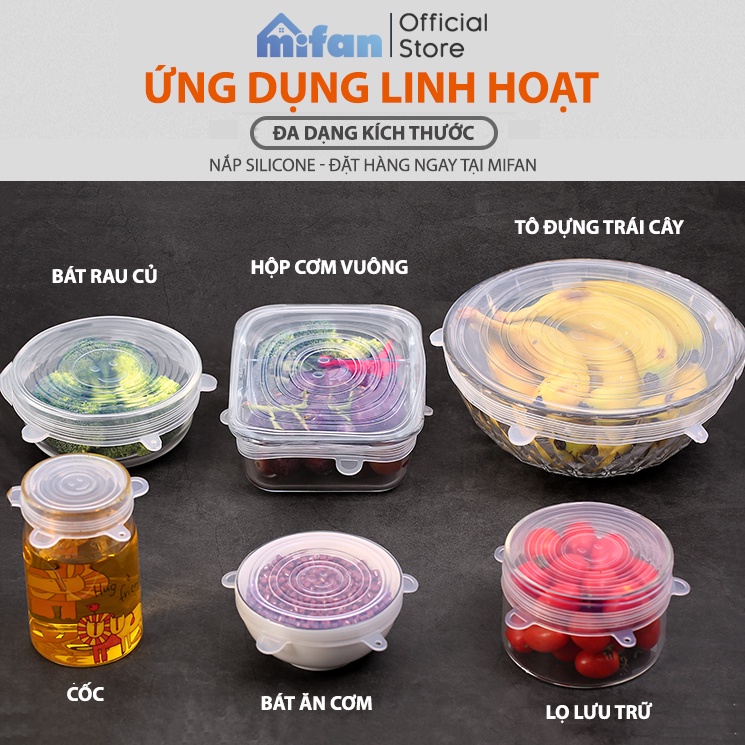 Bộ 6 Miếng Silicone Bọc Thực Phẩm Cao Cấp MIFAN - Nắp đậy màng Silicon bảo quản thức ăn Dày Dặn Độ Co Giãn Tốt