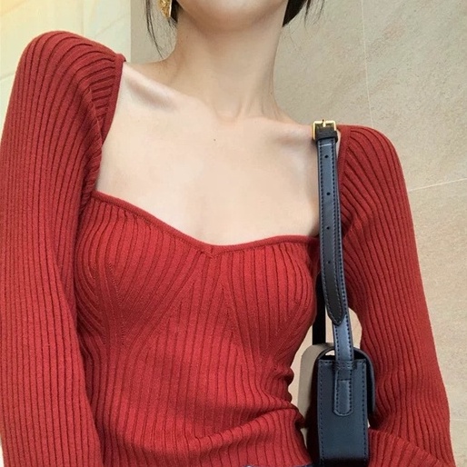 [AdorablexBeautiful] Áo Len Dệt Tay Dài Cổ Vuông Freesize Nữ Tính Dễ Thương Form Croptop 3 Màu Phong Cách Hàn Quốc