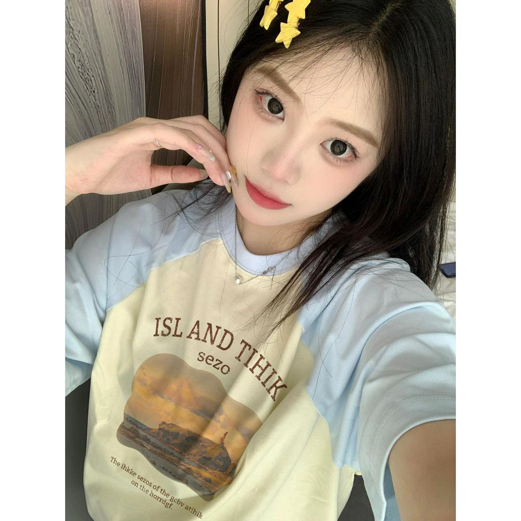 Ethelgirl Áo Thun unisex Dáng Rộng Tay Cộc Cổ Tròn In Họa Tiết Phong Cách Hàn Quốc Dễ Phối Đồ