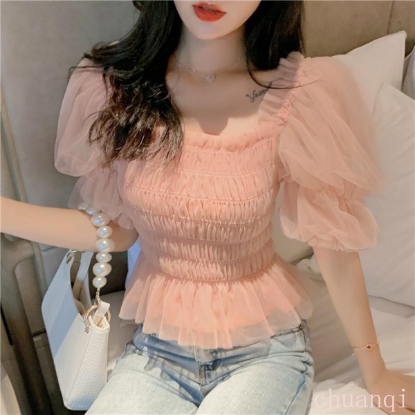 Áo voan trễ vai tay phồng ngắn cổ vuông họa tiết cầu vồng ngọt ngào mới cho nữ