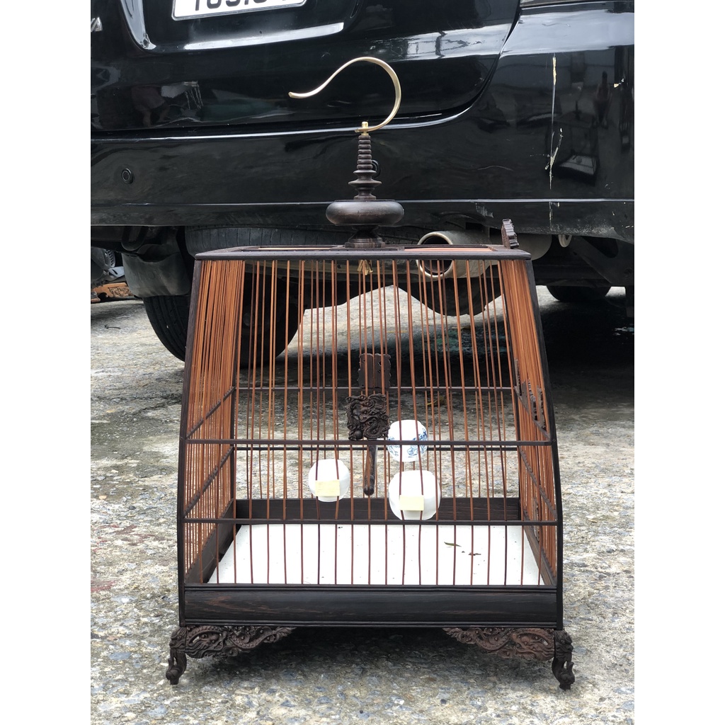 Lồng chim chào mào gỗ mun đuôi công Thái đấu trụ tròn đục Rồng kèm đủ phụ kiện LC02 Lồng chim Kabosa