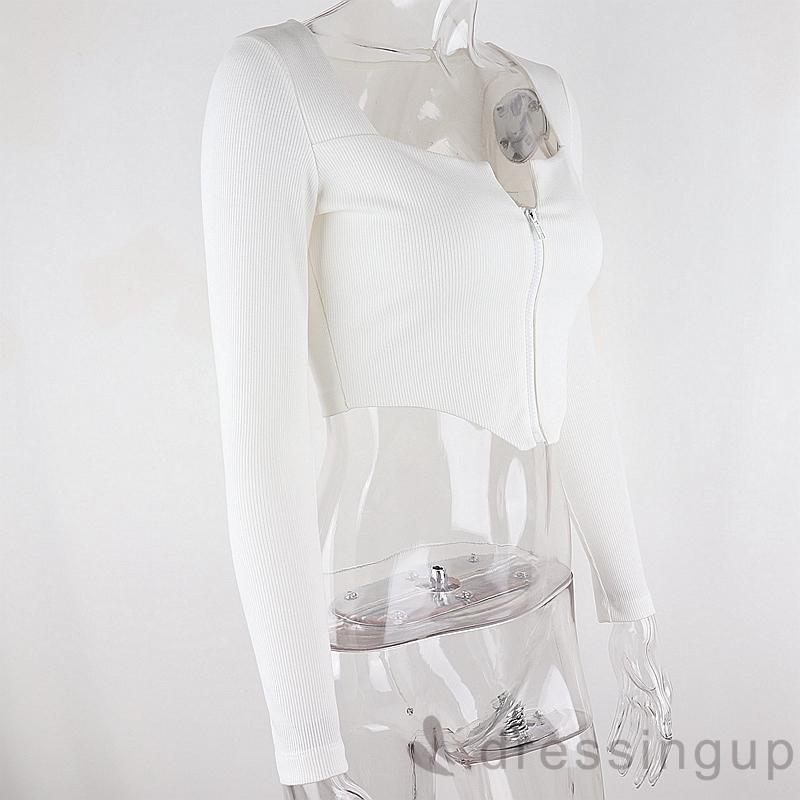 [hot] Áo Croptop Tay Dài Màu Trơn Thiết Kế Khóa Kéo Độc Đáo Dành Cho Nữ