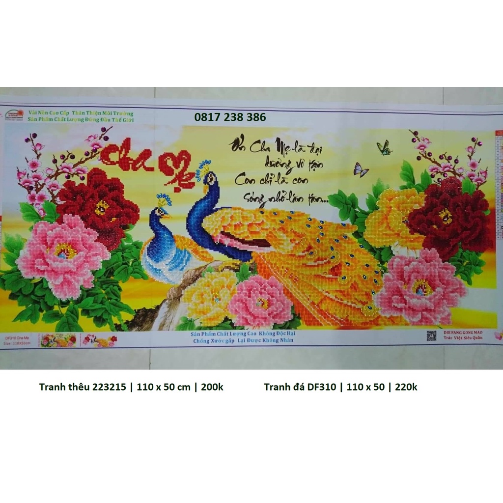 Tranh đính đá, tranh thêu chữ thập cha mẹ kích thước 110 x 50 cm