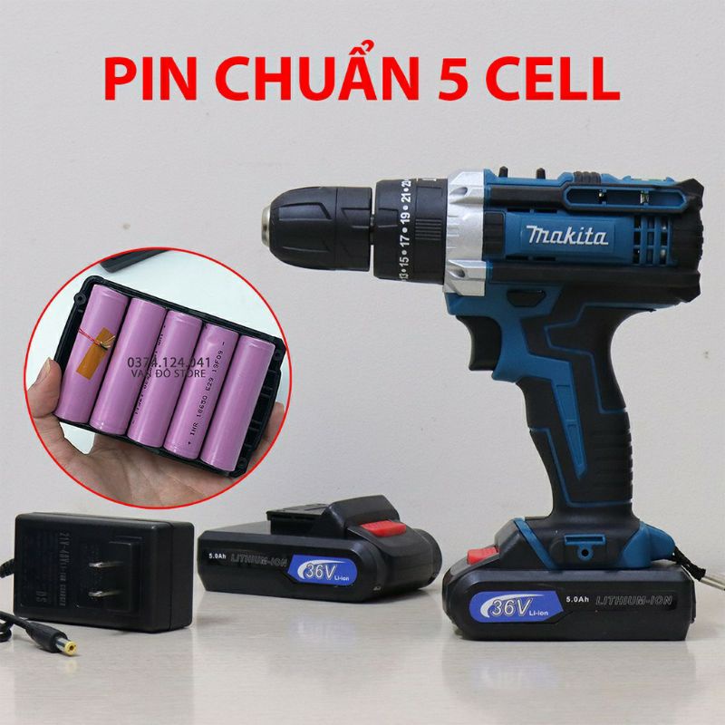 Máy khoan pin 36V Makita 3 chức năng có búa - Tặng kèm 24 chi tiết gồm các mũi khoan + Mũi bắt vít - Kèm theo 2 pin