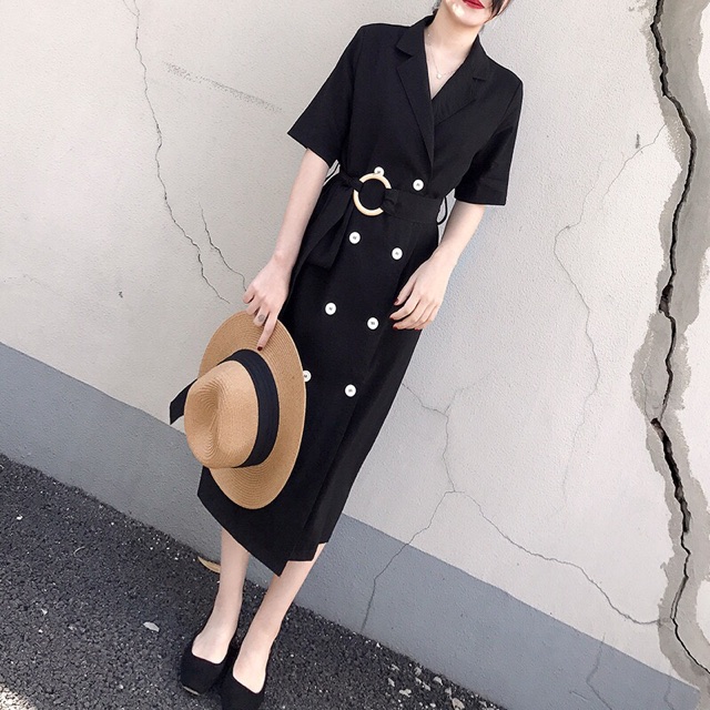 (Order-ảnh thật) bigsize L-4XL Đầm blazer cổ vest phối cúc dáng dài kèm belt tròn | BigBuy360 - bigbuy360.vn