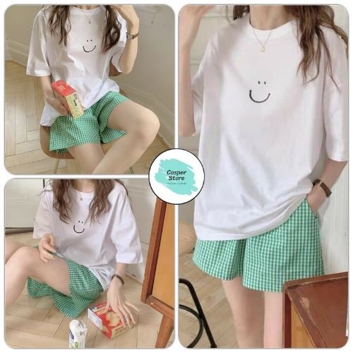 Set Thun Trơn Form Rộng Hình Mặt Cười ⚡ Casper.Store | FREESHIP | ⚡ Bộ phông cộc tay oversize kèm short cạp chun kẻ caro