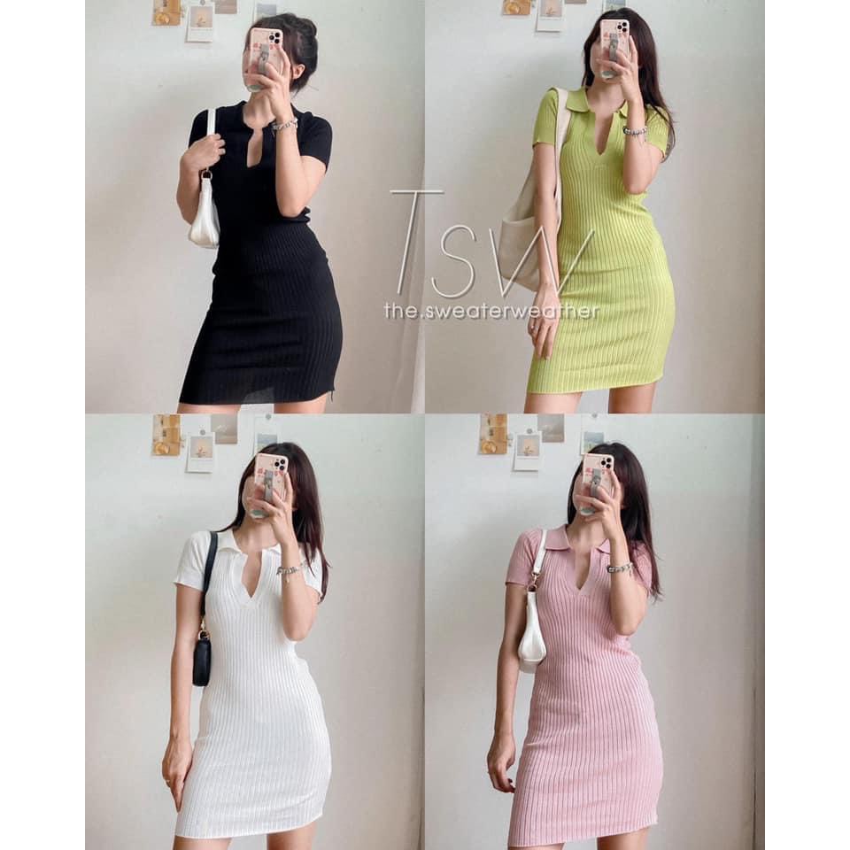 Váy Thun Tăm Polo PEONYB Nữ [FREESHIP] 🌸 Đầm tay lỡ cổ V dáng ôm body dự tiệc bánh bèo tiểu thư Ulzzang 🌸