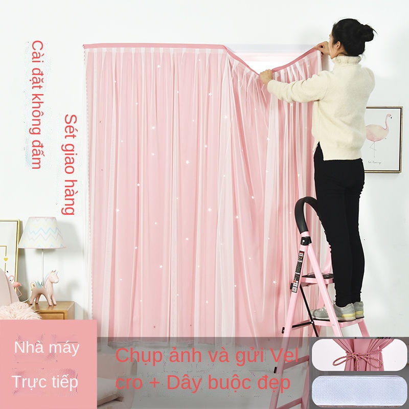 Màn cửa màu đỏ lưới đã hoàn thành sản phẩm đục lỗ miễn phí Lắp đặt Velcro dán che nắng cho phòng ngủ màn cửa sổ bay đơn