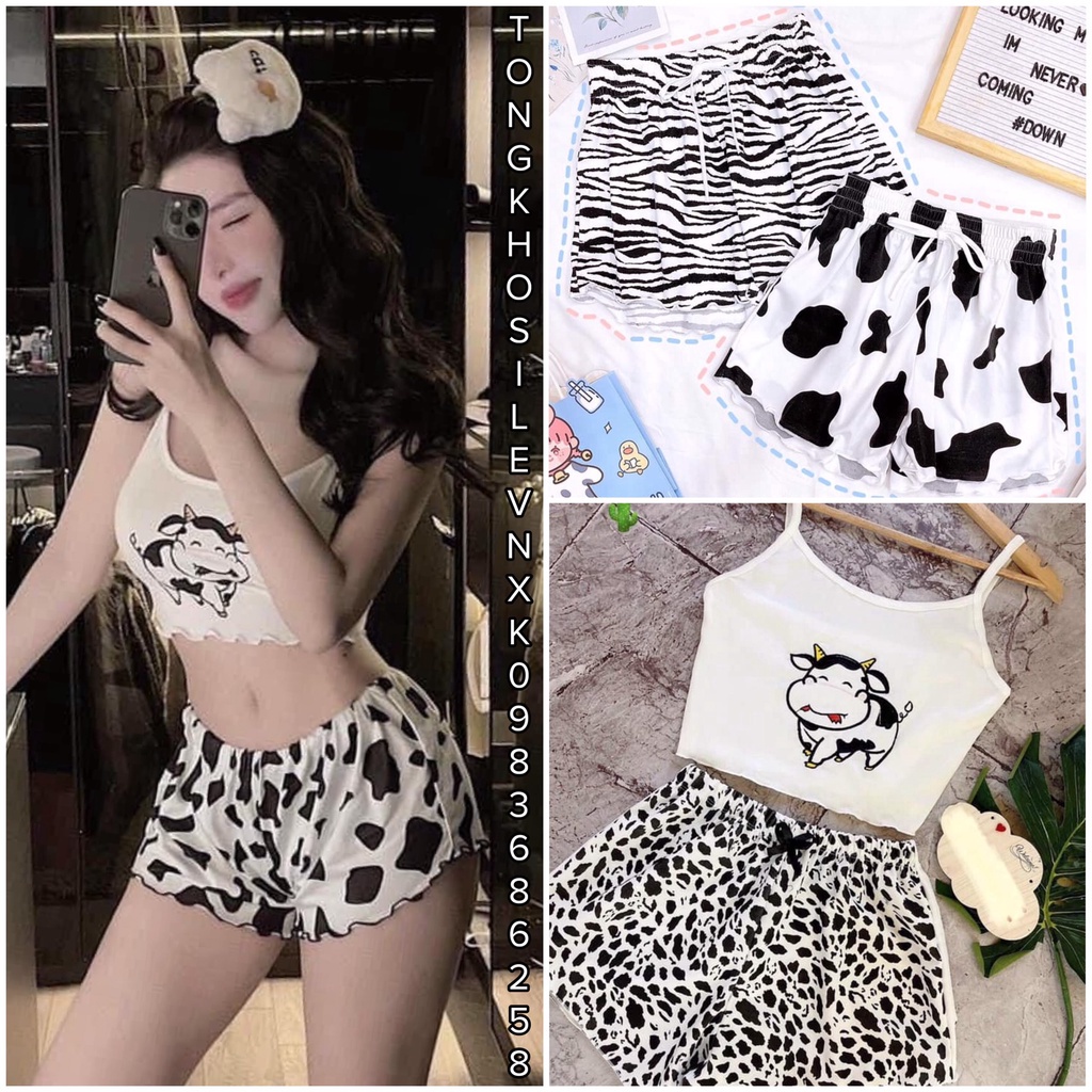 Bộ Áo Croptop Bò Sữa Quần Đùi 🦋 Set Áo 2 Dây Bò Sữa Quần Sooc Sexy Ngựa Vằn Báo Đốm