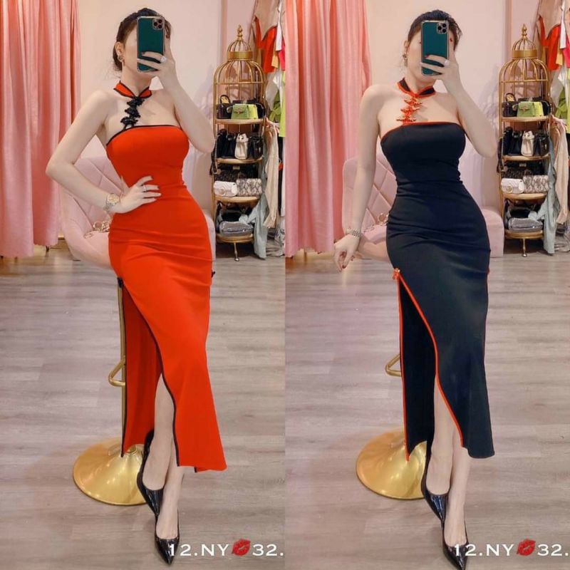 Đầm body sườn xám cách tân nút tàu