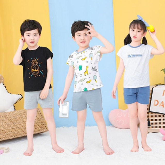 Bộ quần áo cho bé trai đồ bộ thun bé gái mùa hè áo cotton quần đùi thun trẻ em Quảng Châu túi zip