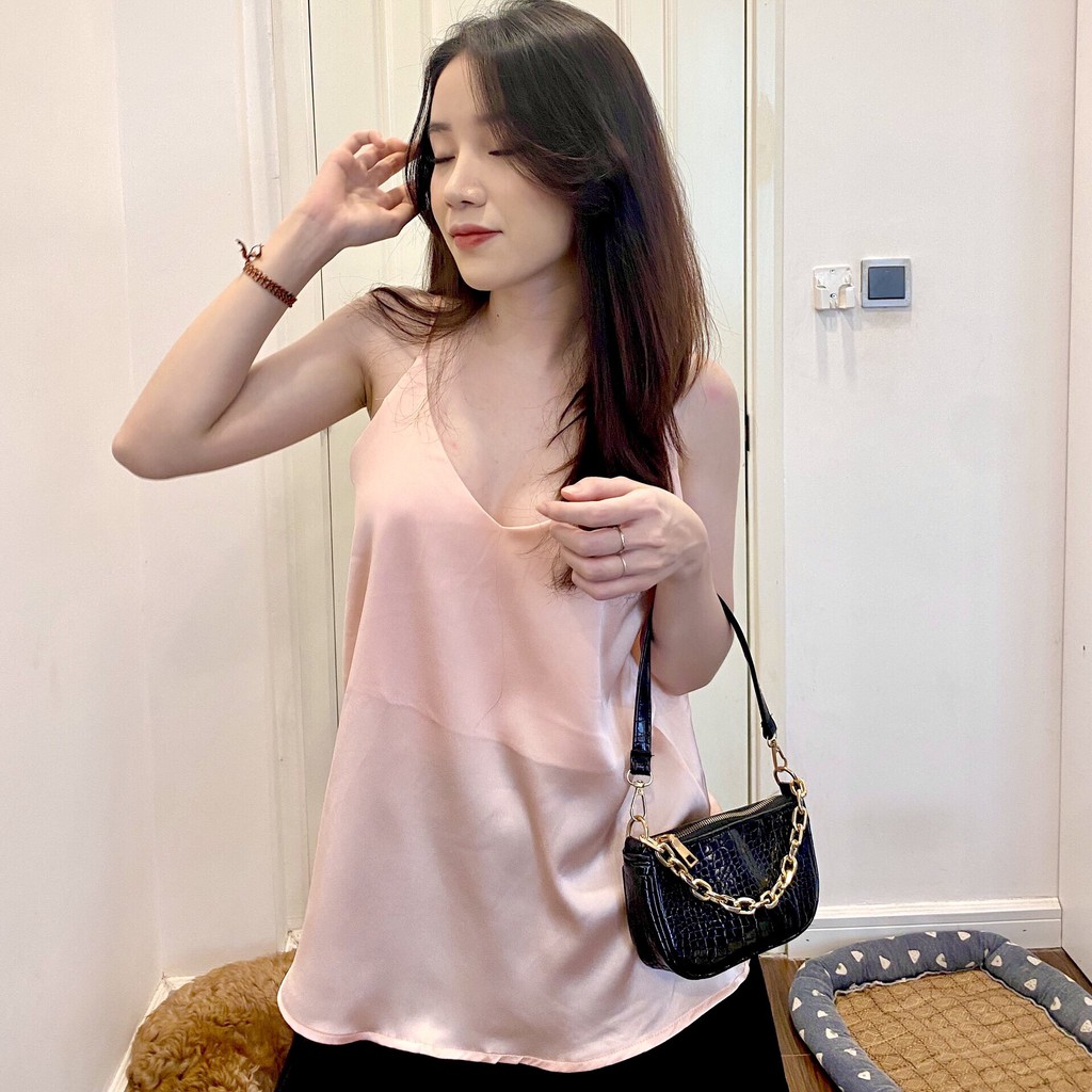 ÁO 2 dây lụa satin - Áo nữ cổ V màu hồng chất mềm siêu hot