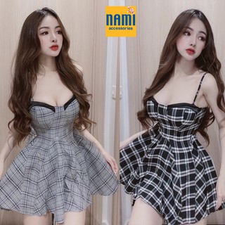 ĐẦM XOÈ HAI DÂY KẺ CARO CÚP NGỰC SIÊU XINH - QANU113
