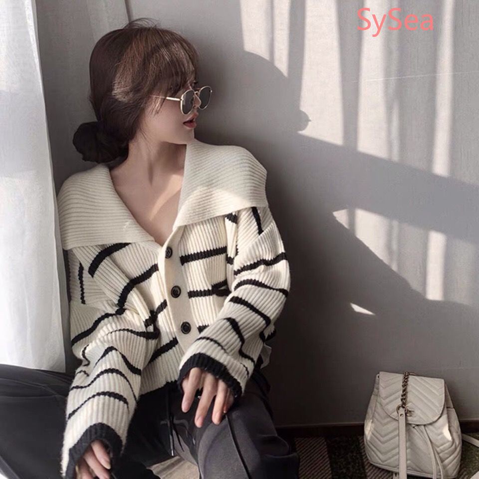 Áo Khoác Cardigan Dệt Kim Tay Dài Hoạ Tiết Kẻ Sọc Phong Cách Retro