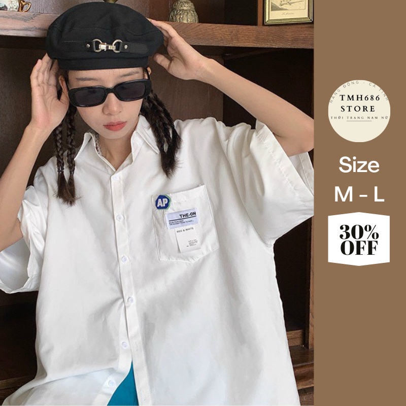 Áo sơ mi nam nữ túi ngực logo AP form rộng tay ngắn lỡ kiểu dáng Unisex Hàn Quốc MH17