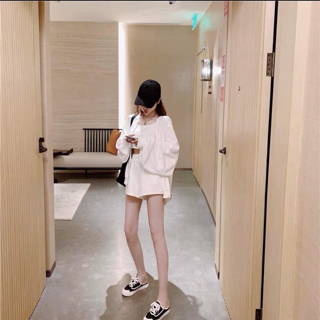 Sét 3 món đi biển xinh xắn, áo sơ mi phối quần đùi phong cách hiện đại thời trang nữ