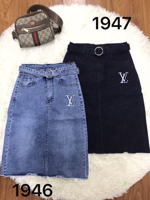 CHÂN VÁY JEAN TẶNG KÈM ĐAI_CHÂN VÁY BÒ THÊU chữ LV | BigBuy360 - bigbuy360.vn