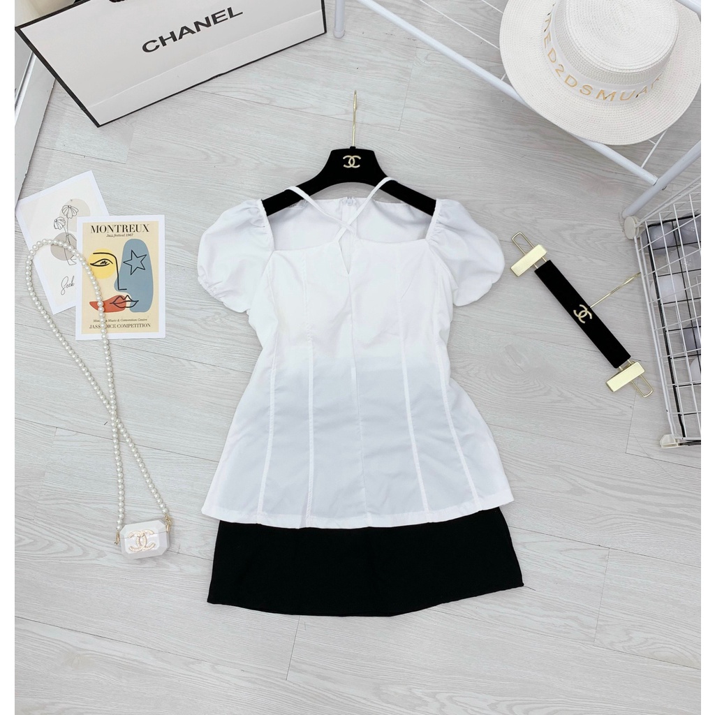 Set bộ sang chảnh Set áo trắng cách điệu dáng ngắn cùng chân váy chữ A