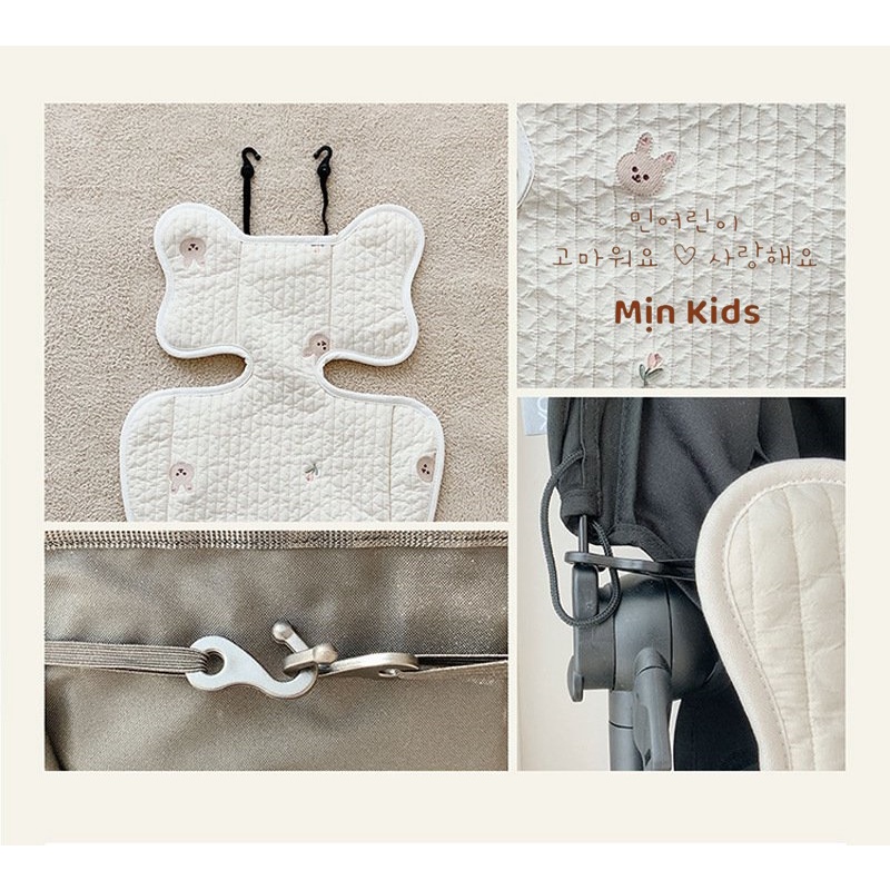 Đệm lót xe đẩy cho bé, miếng lót xe đẩy MỊN KIDS, hoạ tiết gấu thêu chất cotton mềm mịn êm ái