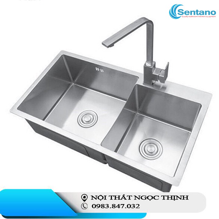 COMBO Chậu Rửa Chén Bát SENTANO 82x45cm hộc LỆCH INOX SUS304, bộ xả chống hôi, vòi rửa chén nóng lạnh kiểu VUÔNG DẸP