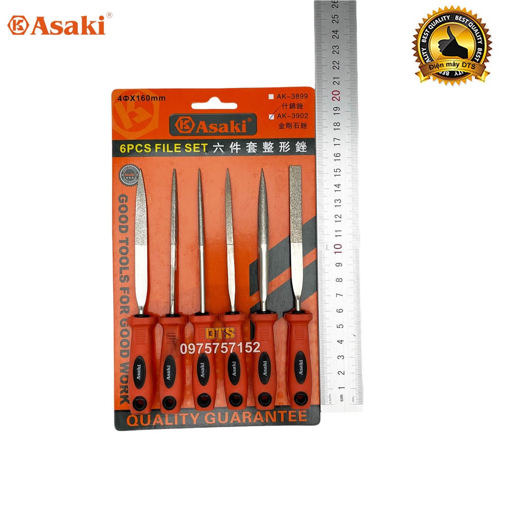 Bộ dũa kim cương mài kim loại 4x160mm Asaki AK-3902 bộ 6 giũa mài đa năng thép carbon T2 chống mài mòn, dũa mini cao cấp