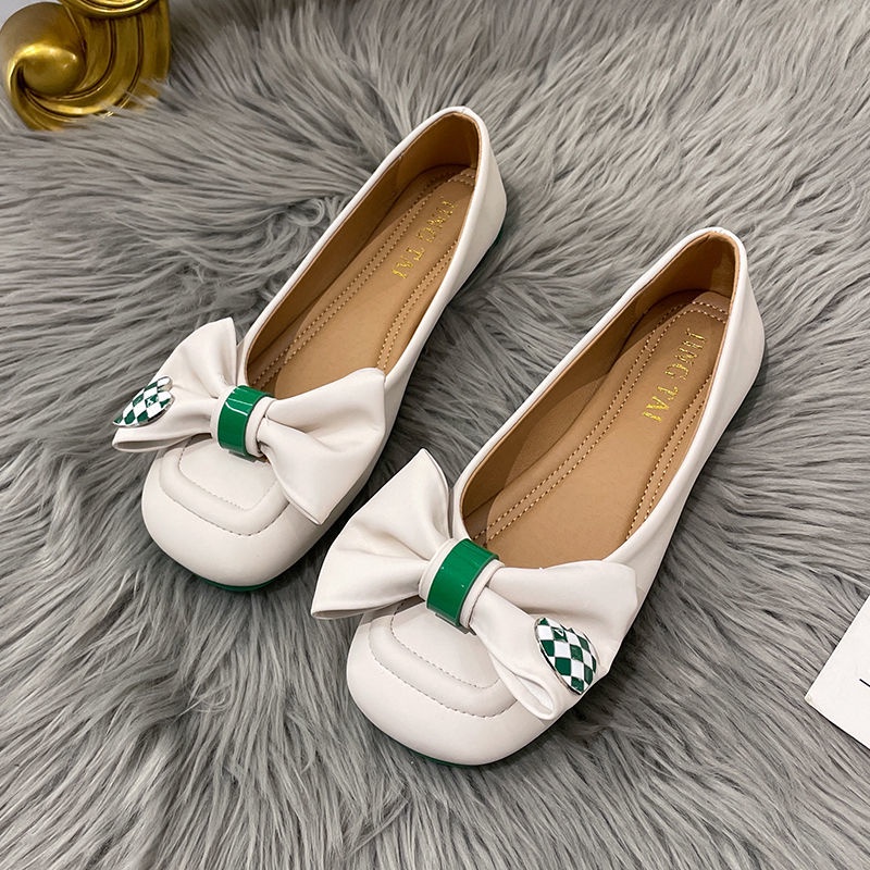 Giày Búp Bê Mũi Tròn Miệng Nông Đế Bệt Mềm Đính Nơ Cho Nữ