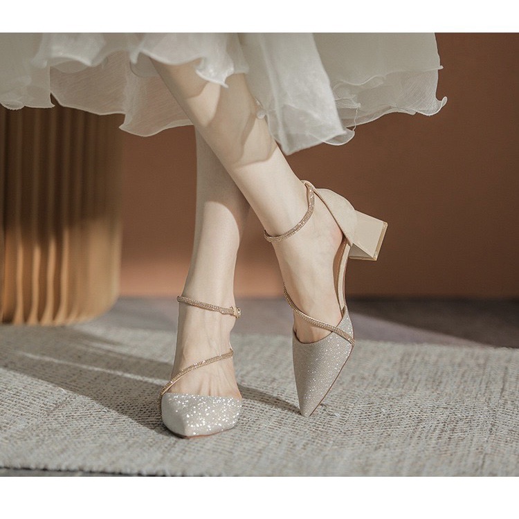 Giày sandal cao gót mũi nhọn đính đá gót vuông phong cách Hàn Quốc (782)