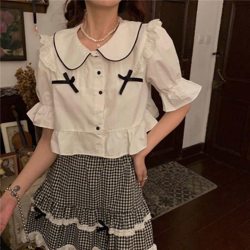 Áo sơ mi dáng croptop tay ngắn bồng phong cách Hàn Quốc mã QD066
