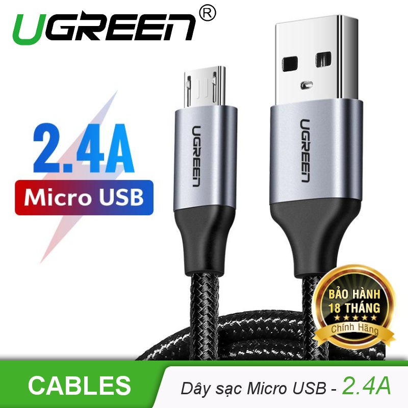 Cáp Micro USB Chính Hãng Ugreen US290 60146 60147 60148 (sạc nhanh, dây dù đầu nhôm 2.4A QC 3.0)