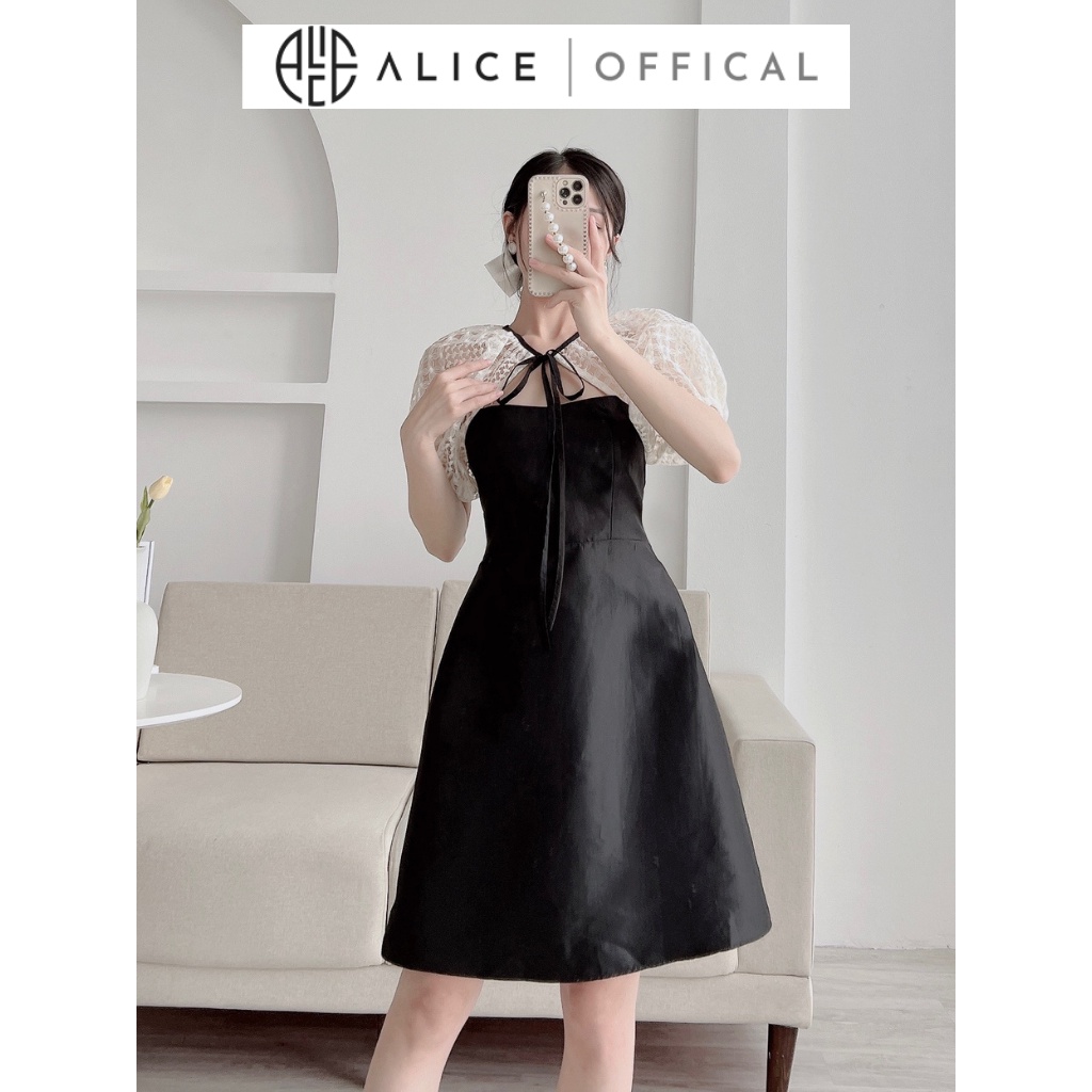 Váy Lụa Tafta Cao Cấp Phối Cổ Ren ALICE Kiểu Dáng Xòe Thanh Lịch, Thiết Kế Cổ Ren Độc Đáo Kèm Mút Ngực V836