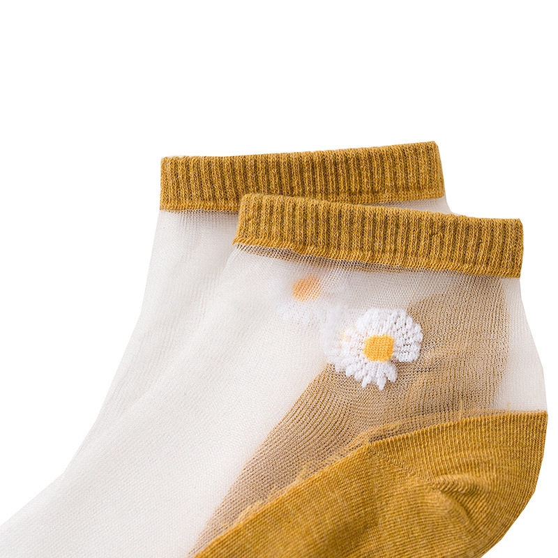 Cặp vớ ngắn cotton lưới pha lê rỗng siêu mỏng xuyên thấu thoáng khí co giãn trang trí hình hoa cúc thời trang Hàn Quốc