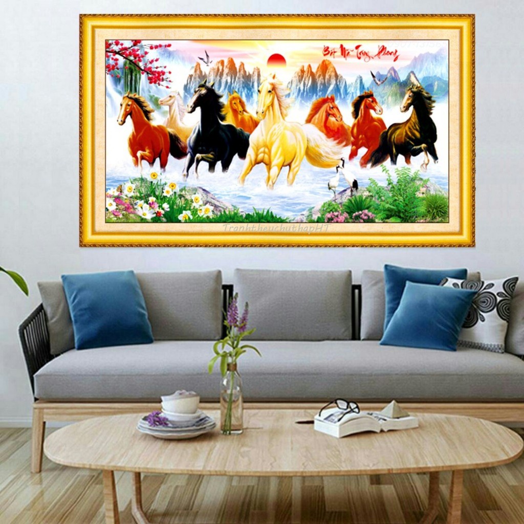 Tranh thêu ngựa mã đáo thành công KT:125x63cm,tranh chưa thêu.Tặng kéo và xỏ chỉ.