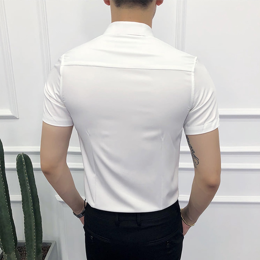 Áo sơ mi nam ngắn tay cổ bẻ vải lụa chống nhăn chống xù áo sơ mi nam tay ngắn bó sát người thoáng mát bền bỉ