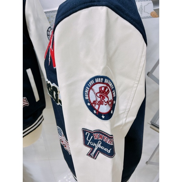 ÁO KHOÁC MLBNY BOMBER 1903 TAY DA TRẮNG - ÁO VARSITY NAM NỮ UNISEX - HÀNG CÓ SẴN