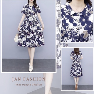 Đầm Hoa Mixi [JAN FASHION] V133 Thiết Kế Xanh Than Có Túi Cổ Bẻ
