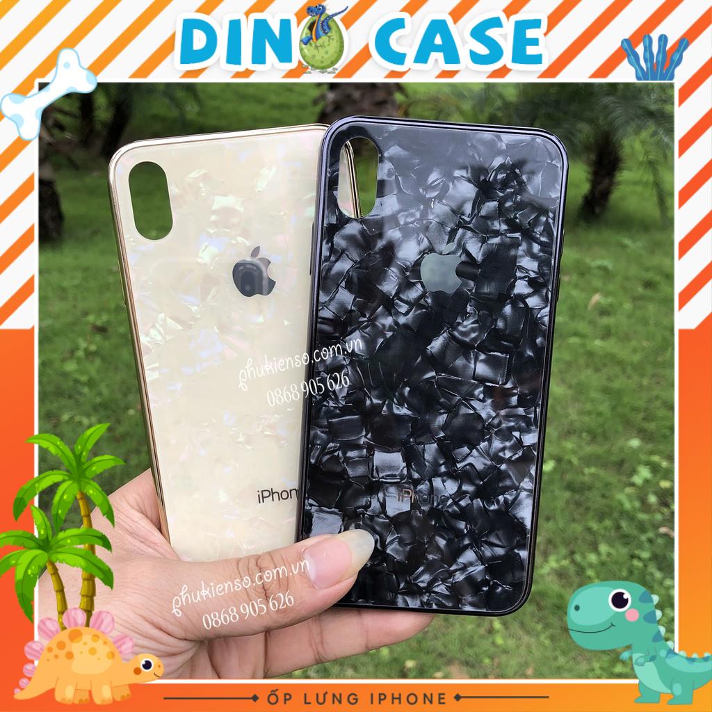 Ốp Lưng Kính Cường Lực Vân Đá Siêu Bền- Viền Silicon Đồng Màu Iphone 6 đến ProMax Dino Case