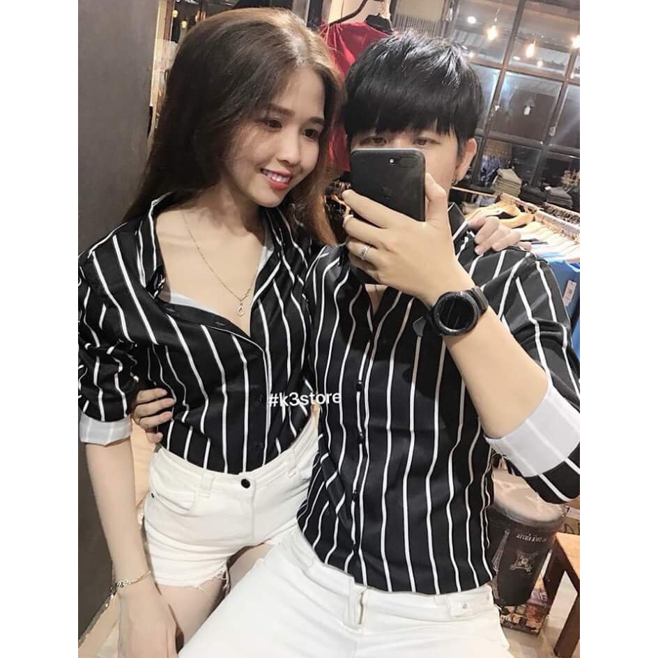 áo sơ mi nam nữ chất lụa phối sọc dọc hot
