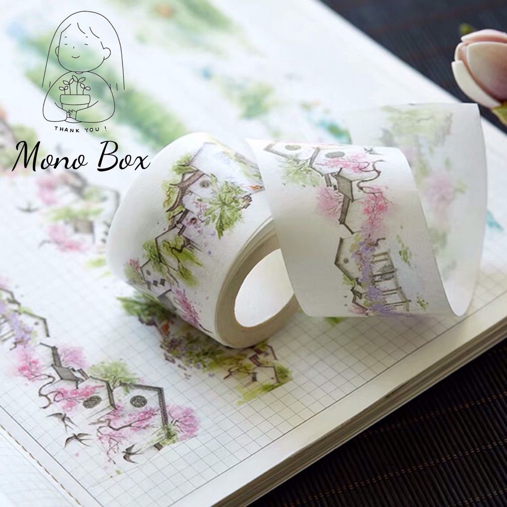 [Chiết] Washi tape 4x35cm, băng keo dán trang trí họa tiết cảnh vật cổ phong mùa xuân làm tranh washi Mono_box