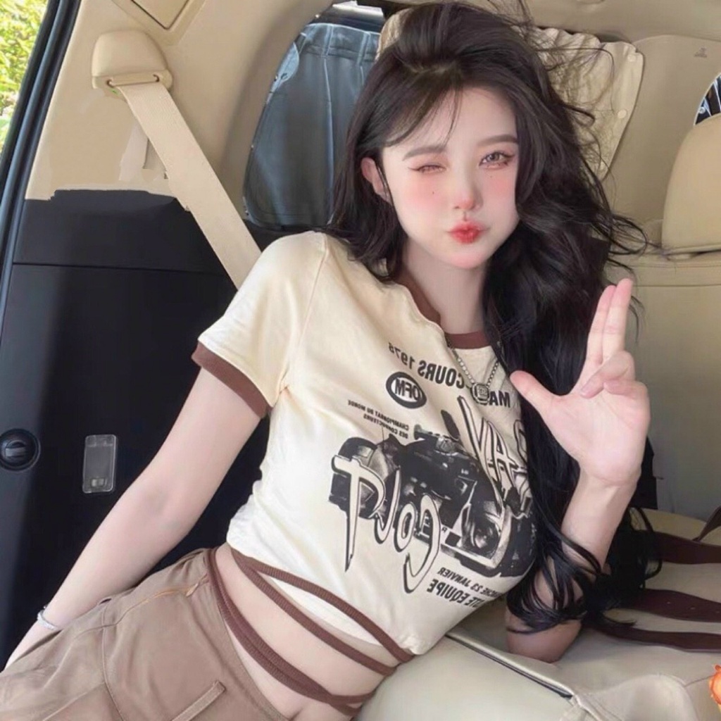 Áo Thun Kiểu Nữ Croptop Cột Dây Eo Phối Màu Nhiều Họa Tiết
