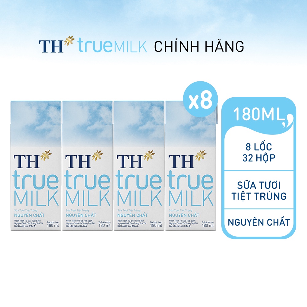 8 Lốc sữa tươi tiệt trùng nguyên chất TH True Milk 180ml (180ml x 4 hộp)