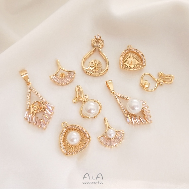█A.ιA゜14K Vàng●〔 1 Cái〕°Giá Đỡ Mặt Dây Chuyền/ Vòng Cổ Hình Quạt 14k Đính Ngọc Trai Giả Xinh Xắn diy