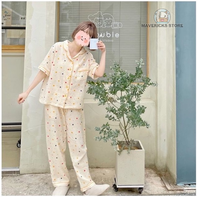 Set đồ ngủ cotton ngắn tay họa tiết chấm bi phong cách Hàn Quốc thời trang dễ thương cho nữ