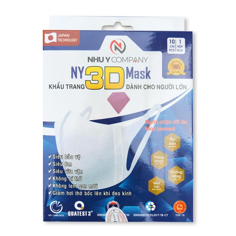 HỘP 10 CÁI KHẨU TRANG 3D CHO NGƯỜI LỚN NY 3D Mask In hình Ngăn Bụi Kháng khuẩn Chống nắng Bảo vệ sức khỏe Cty Như Ý